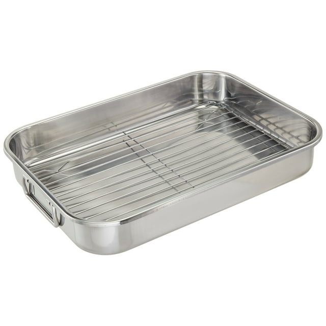 ExcelSteel Multiuse with Rack and Foldable Handles for Easy Storage Stainless Steel Roasting Pan, 15.25", Stainless