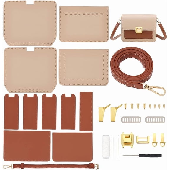 DIY Crossbody Bag Making Kit PU Leather Shoulder Bag Making Materials Set DIY Purse Making Sewing Complete Kit Handmade Bag Making All Accessories for Beginner 7.5x2.8x5.9 Inch Khaki White 1set