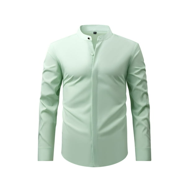 Blusa y camisa de cuello alto de manga larga para hombre, moda masculina, color liso, cuello alto, cárdigan, camisa de negocios, botones, blusa de poliéster para hombre
