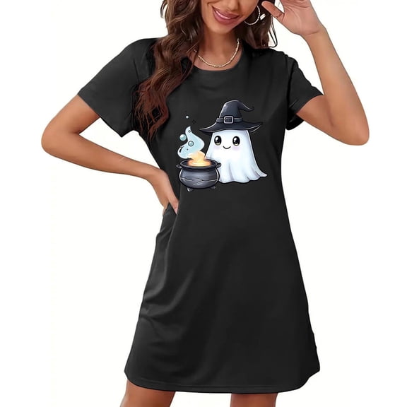 Delliss Women's Plus Size Halloween Pajams Crew Neck Short Sleeve Dress Comfy Sleepwear Black XXXXL