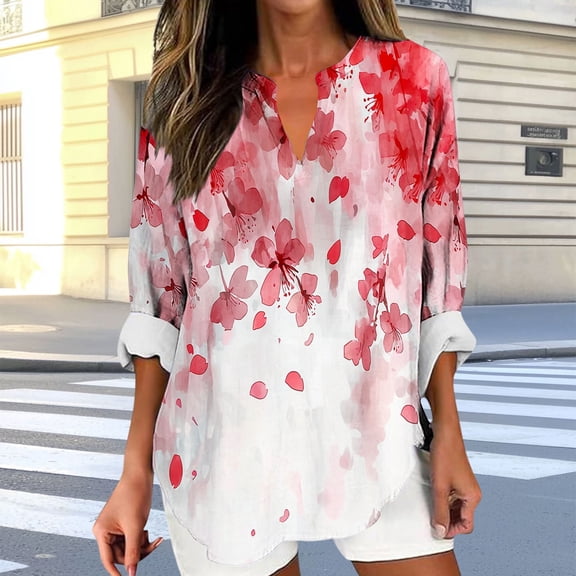 JUSLIO Cotton Blouses for Women Relaxed Fit Graphic Shirts Tops Irregular Print Long sleeve V Neck Shirts Tops Red L