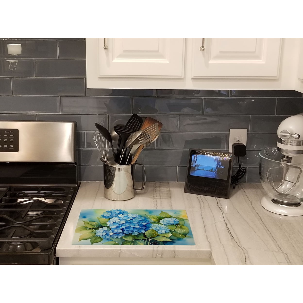 Hydrangeas in Watercolor Glass Cutting Board Large 12 in x 15 in