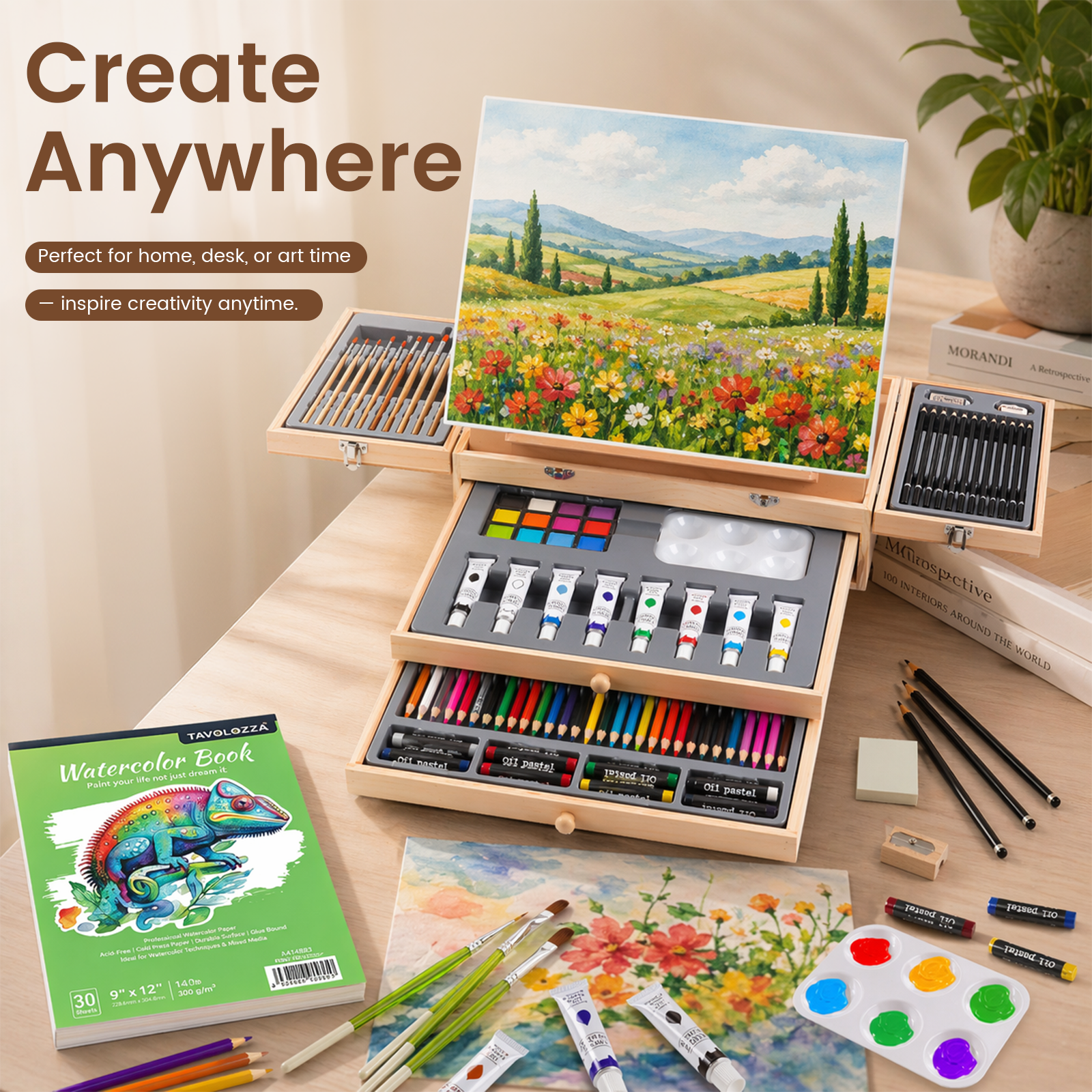 TAVOLOZZA 96PCS Wood Easel Art Set, Complete Drawing & Painting Kit with Paints, Pencils & Brushes