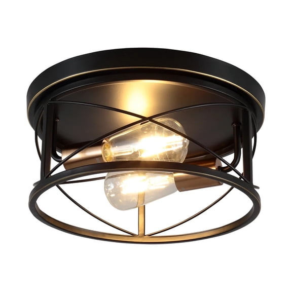 Industrial Flush Mount Ceiling Light, 12 Inch Black Gold Metal Cage Semi Flush Mount Ceiling Fixture with Exposed Bulbs, Vintage Farmhouse 2-3 Light for Bedroom Hallway Kitchen Entryway