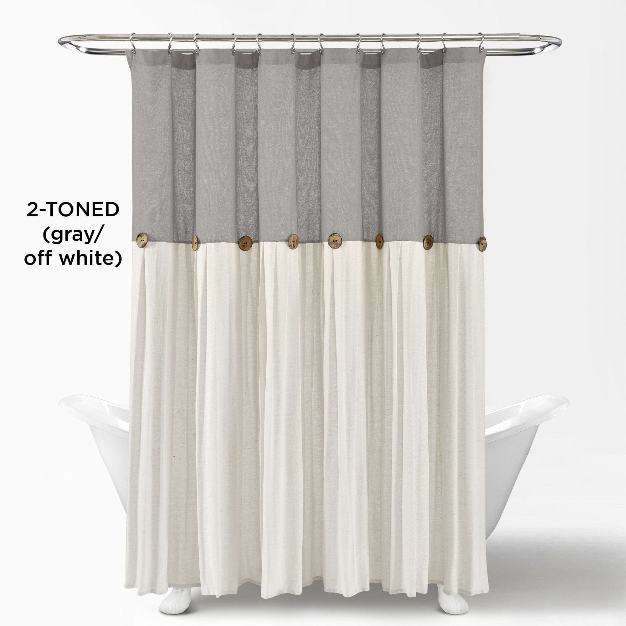 Lush Decor Linen Button Farmhouse Chic Solid Color with Pleats and Button Embellishments Cotton Blend Shower Curtain, Dark Linen, 72"L x 72"W, Single