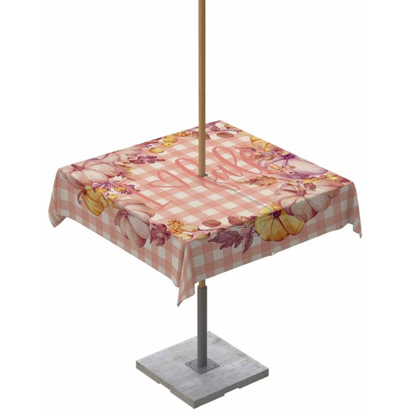 Fsddascl Pink Checkered Fall Outdoor Tablecloth - 60x60 Inch Square Dining Table Cover, Thanksgiving Pumpkins Wreath Rustic Waterproof Outdoor Table Cloth with Umbrella Hole & Zipper for Patio