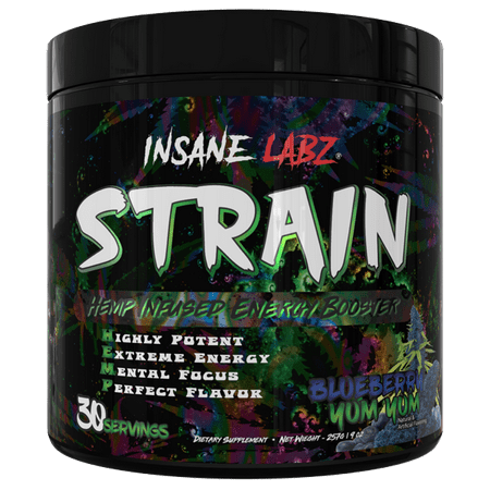 Insane Labz STRAIN nextHEMP infused Mid Stimulant Pre Workout Powder Loaded with Caffeine Yohimbine and Betaine Anhydrous fueled by AMPiberry-30 Servings - Blueberry Yum