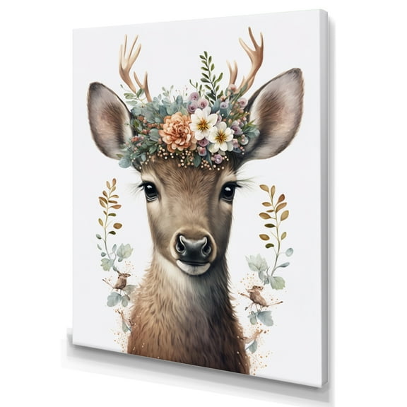 Designart Cute Baby Caribou With Floral Crown I Canvas Wall Art