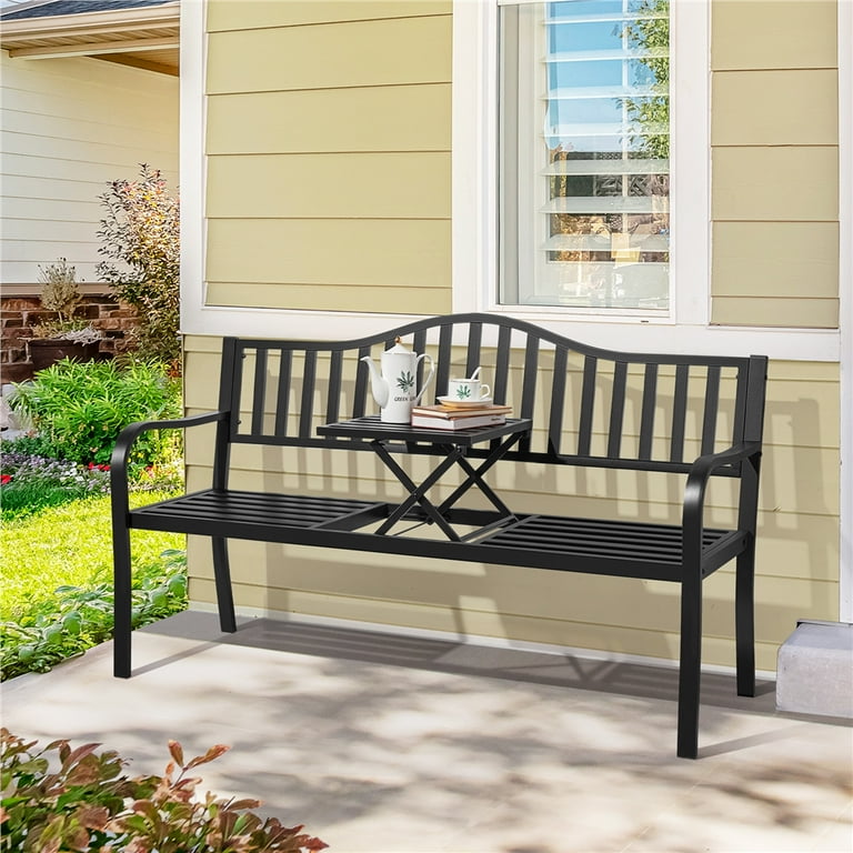 Yaheetech Iron Patio Park Garden Bench Chair with Pullout