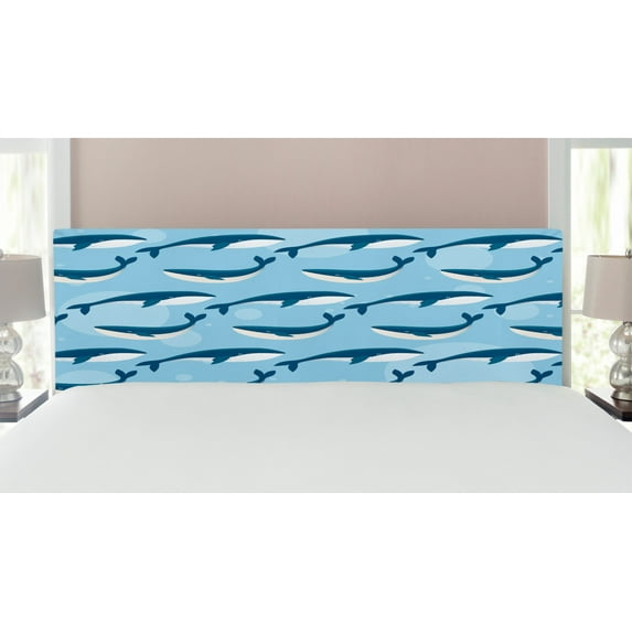 Sea Animals Headboard, Cartoon Abstract Whale Pattern Nautical Natural Large Fish Underwater Print, Upholstered Decorative Metal Bed Headboard with Memory Foam, King Size, Blue White, by Ambesonne