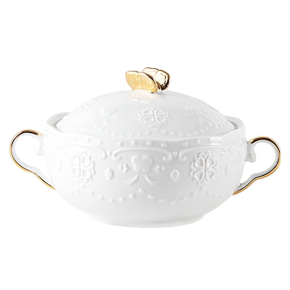Ceramic soup tureen with lid, soup ladle, soup bowls with handles, soup bowl European style dessert bowl with floral design for restaurant, home, kitchen
