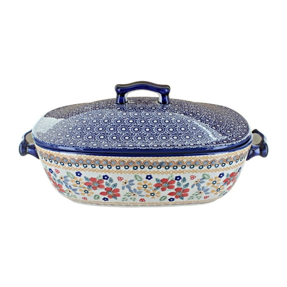 Blue Rose Polish Pottery Red Daisy Roaster with Lid