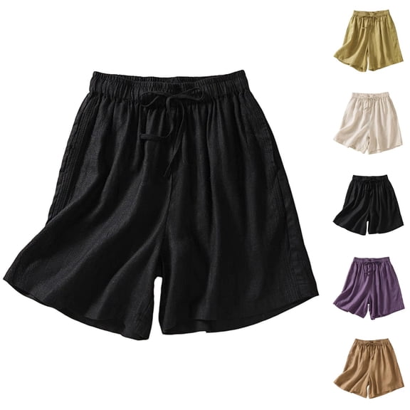 Shorts for Women 2026 Summer Cotton Linen Elastic Waist Wide Leg Vintage Boho Casual Shorts Loungewear