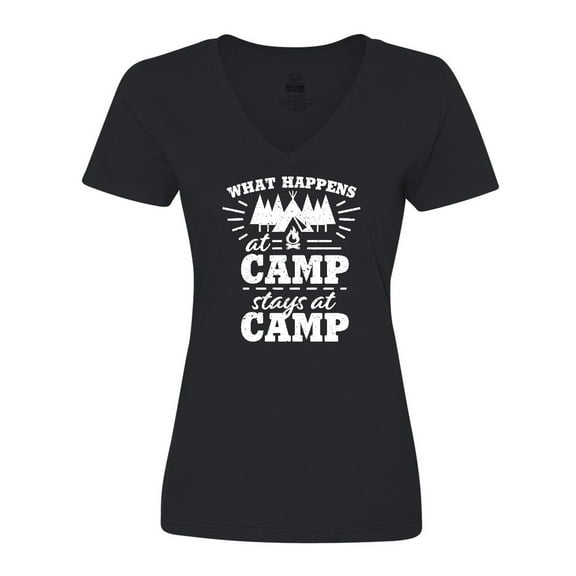 Inktastic What Happens at Camp Stays at Camp with Tent and Woods Women's V-Neck T-Shirt