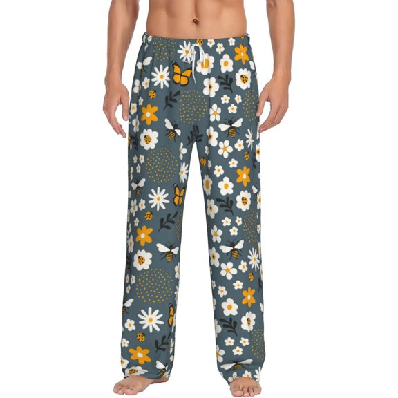 Easygdp Flowers and Bee Men's Pajama Pant, Sleep Elastic Waistband Lounge Pants - Small