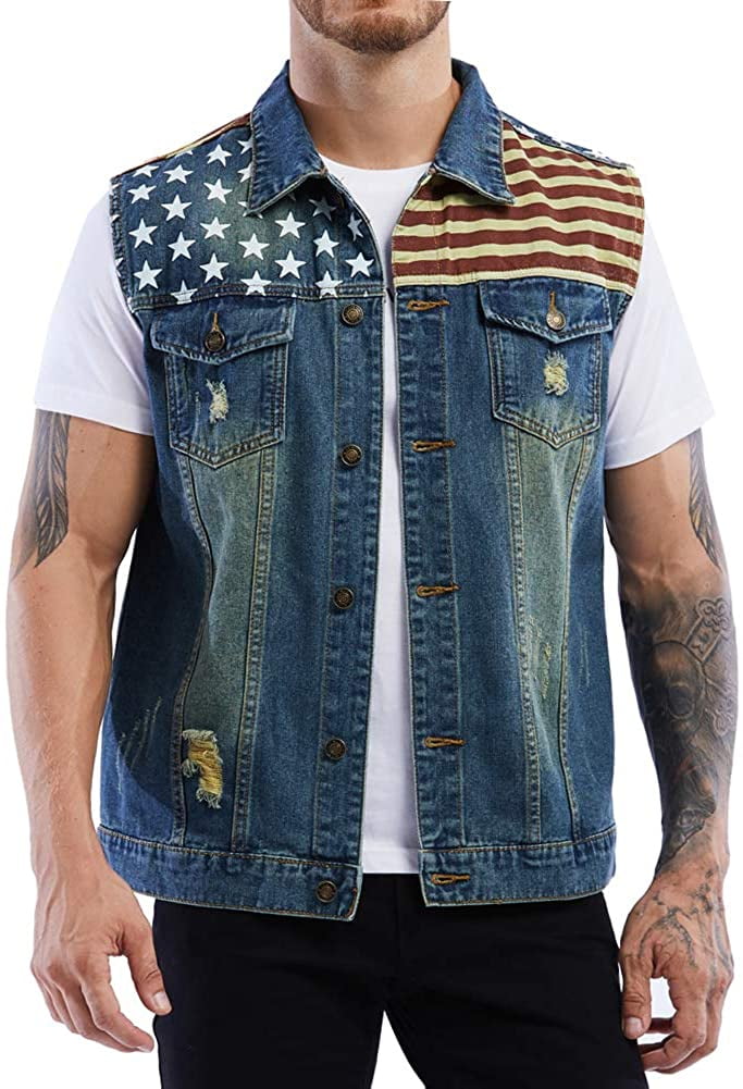 Mens American Flag Blue Denim Vest 