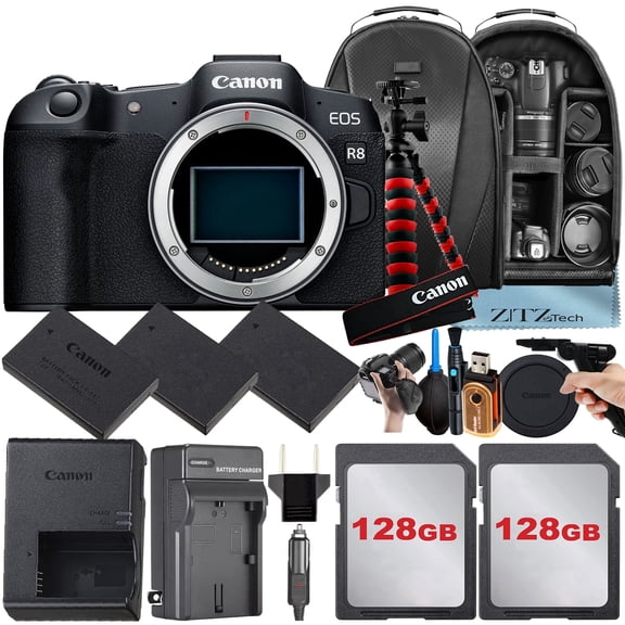 Canon EOS R8 Mirrorless Camera (Body Only) with 2 Pack 128GB Memory Card   3 Pieces Battery   Backpack   Tripod   ZeeTech Accessory Bundle (International Version)