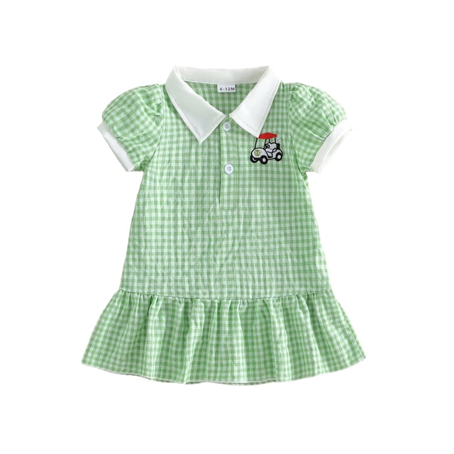 Robe pour Tout-Petite Fille à Manches Courtes, Robe à Carreaux Brodée Style Voiturette de Golf