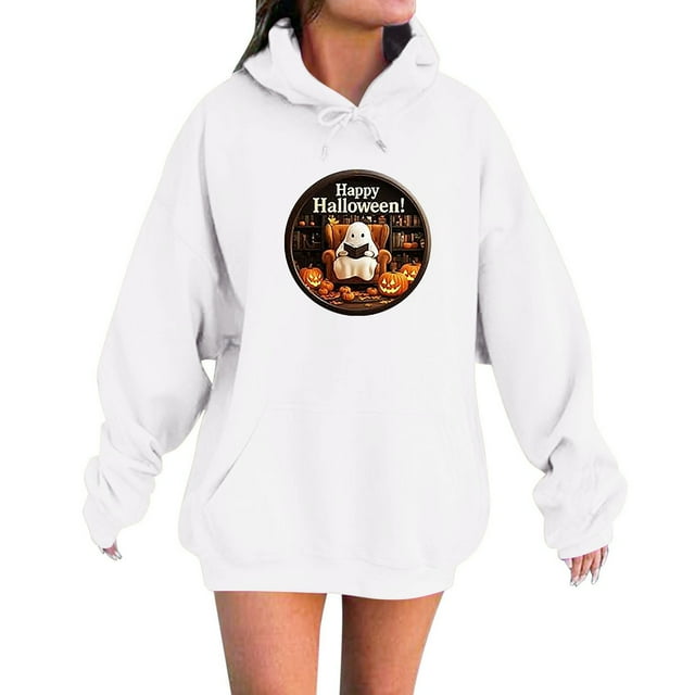 Chandail à Capuche Imprimé Halloween pour Femmes, Manches Longues, Décontracté, Automne Hiver, avec Poche à Cordon
