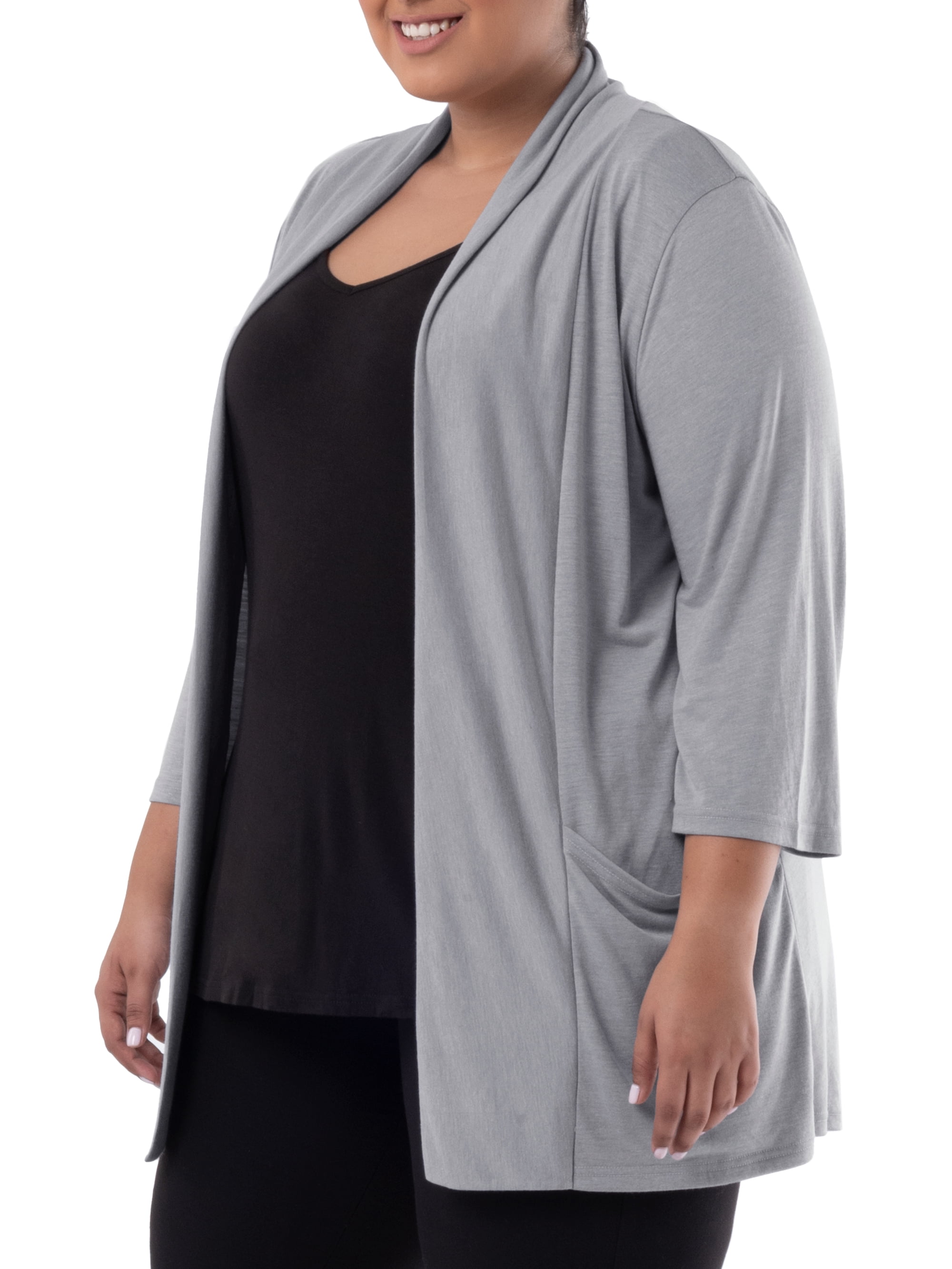 Wright's Women's Plus Size 3/4" Sleeve Draped Open Front Jersey Pocket Cardigan, 1X-5X