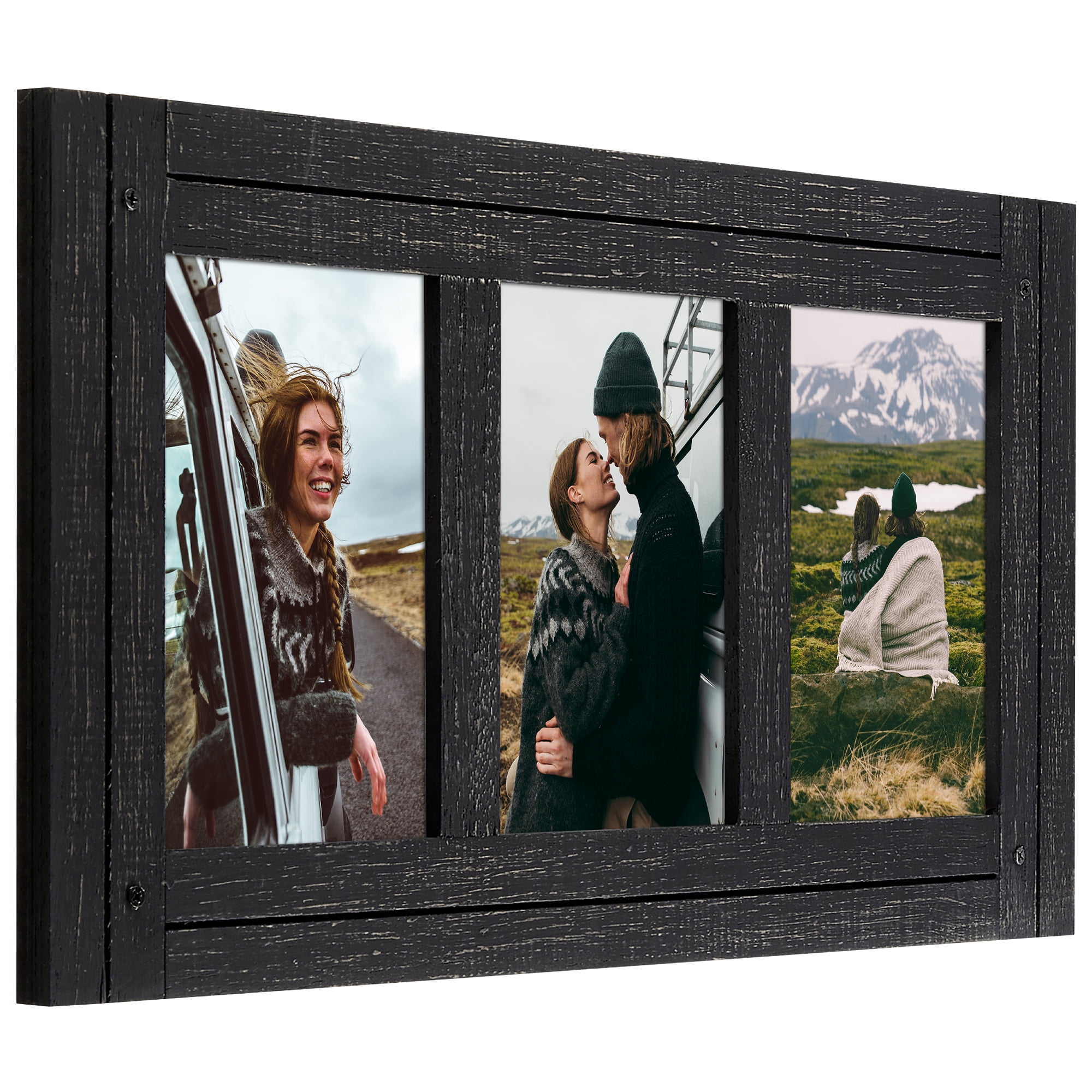 Americanflat 4x6 Hinge Frame Hinged Triple Photo Openings Polished Glass Distressed Collage - Charcoal Black