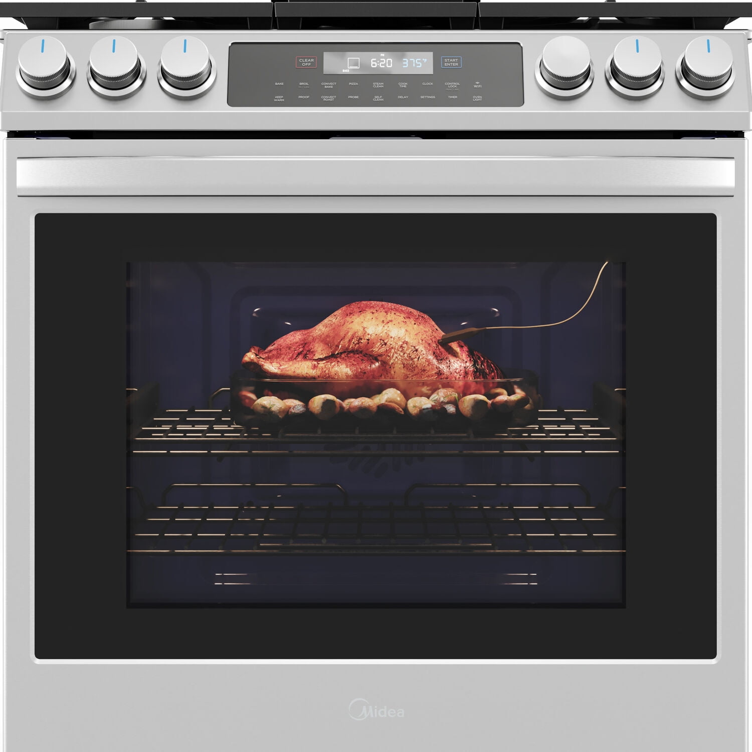Midea 30-In Slide-In Gas Range with Wi-Fi Connectivity and Fan Convection, Stainless Steel, MGS30S2AST
