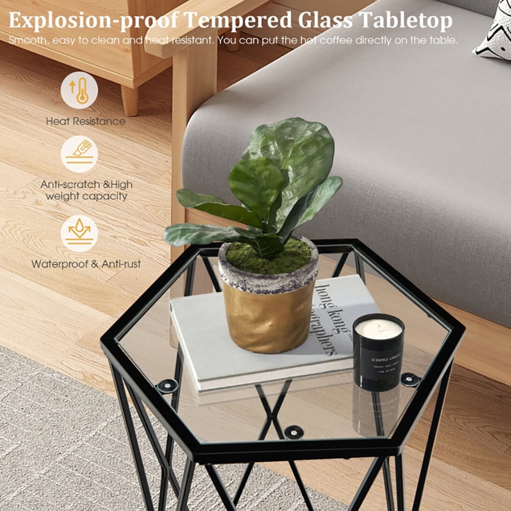 Finihen End Table, Hexagonal Accent End Table with Tempered Glass Top and Metal Frame, Bed Side Table, for Living Room, Bedroom, Black Finihen End Table, Hexagonal Accent End Table with Tempered Glass Top and Metal Frame, Bed Side Table, for Living Room, Bedroom, Black