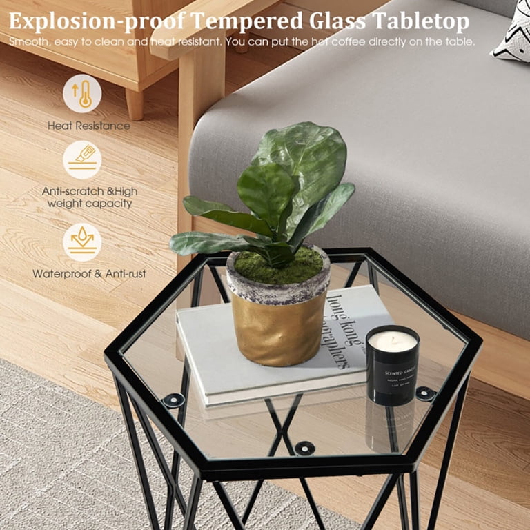 Giantex 23.5 Inch Round Glass End Table – Tempered Glass Top With Rubber Wood Frame, Modern Side Table