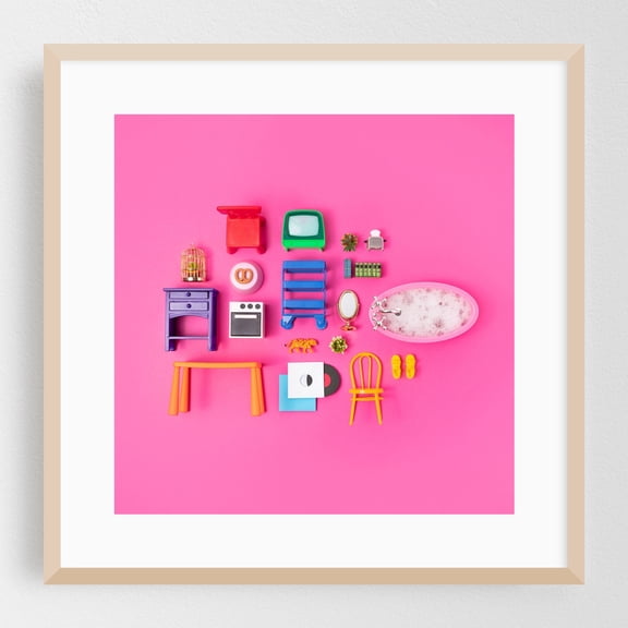 Dollhouse inventory / pink - Photography Pop Art Modern Art Whimsical Retro Minimalist Oak Framed Wall Art Print 12 x 12 inches