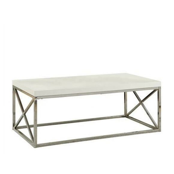 Monarch Specialties Coffee Table, Accent, Cocktail, Rectangular, Living Room, 44"l, Metal, Laminate, Glossy White, Chrome, Contemporary, Modern