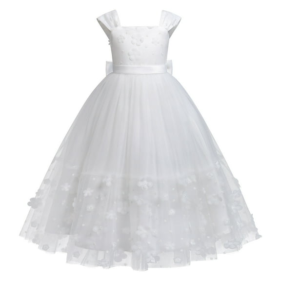 IBTOM CASTLE White First Communion Dresses for Girls Lace Flower Wedding Bridesmaid Pageant Birthday Baptism Party Formal Maxi Tulle Gown 7-8 Years White - Spaghetti Straps