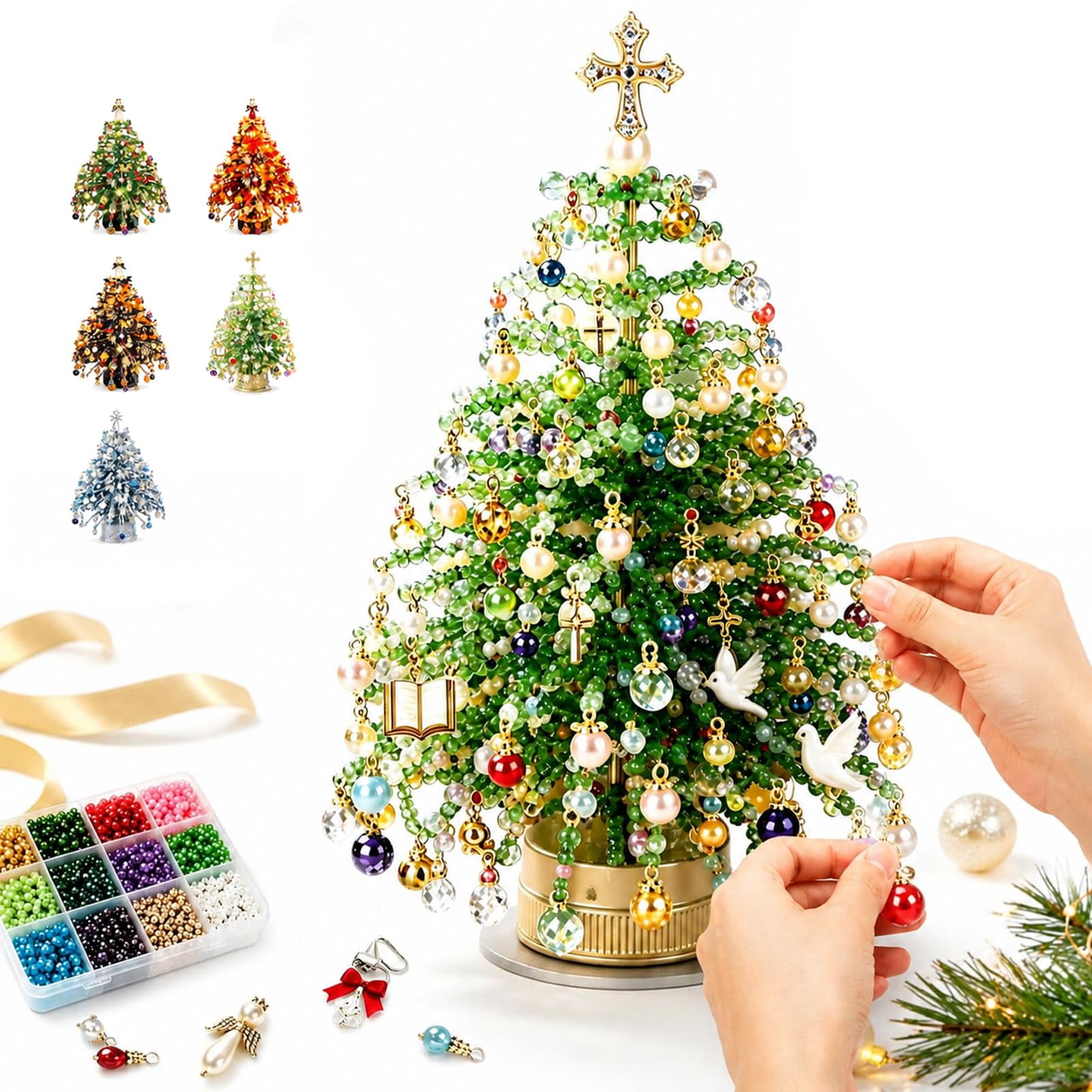 DIY Beaded Christmas Tree Kit with Lights Beaded Christmas Tree Kit Crystal Bead Christmas Tree Making Kit 3D Tabletop Holiday Craft Set for Christmas Home Decor