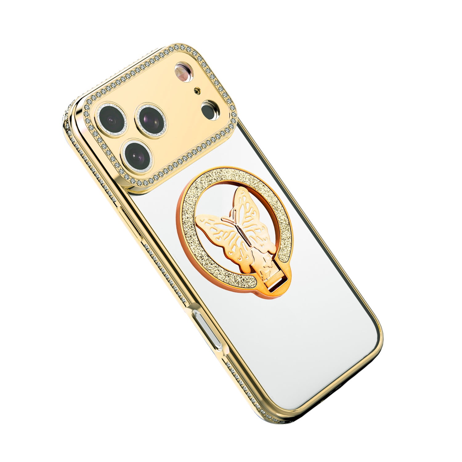 Sparkling Butterfly Stand Case for iPhone 17 Pro Max - Gold