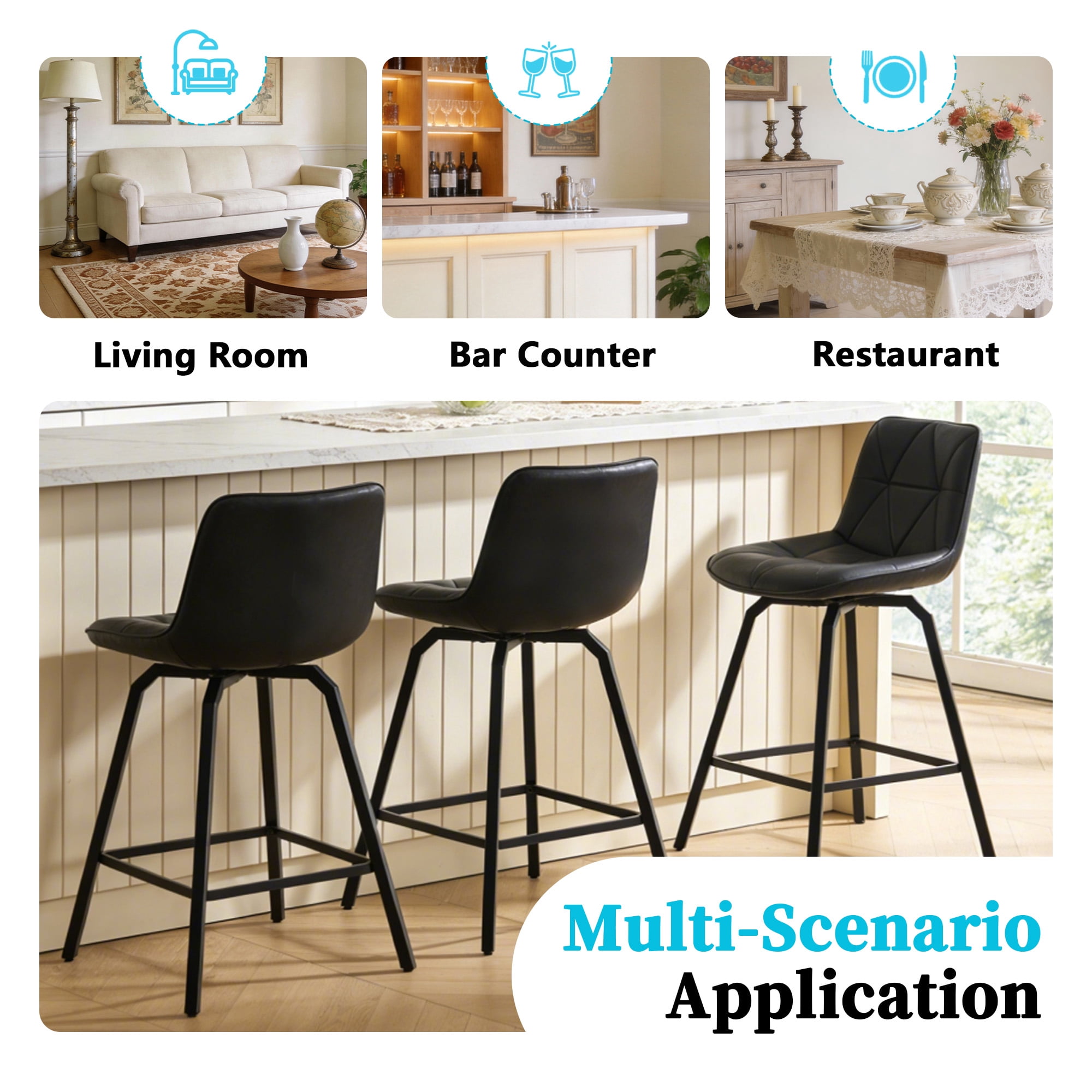 ClinQ 26 inch Swivel Counter Height Bar Stool Set of 3, Faux Leather Seat with Metal Legs and Back, Black