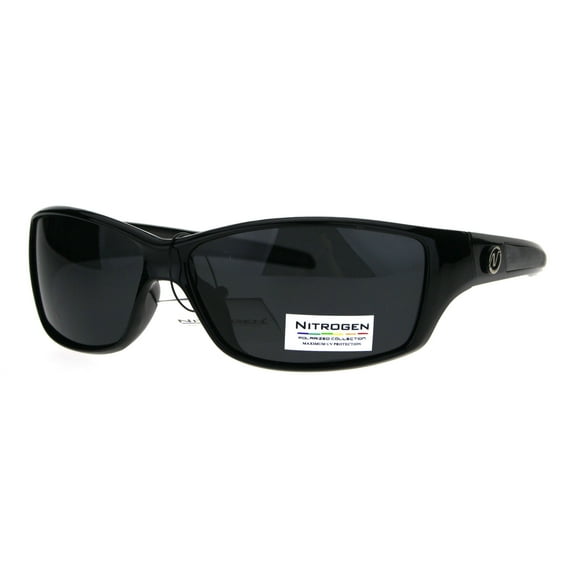 Polarized Lens Mens Rectangular Plastic Warp Around Sport Sunglasses All Black