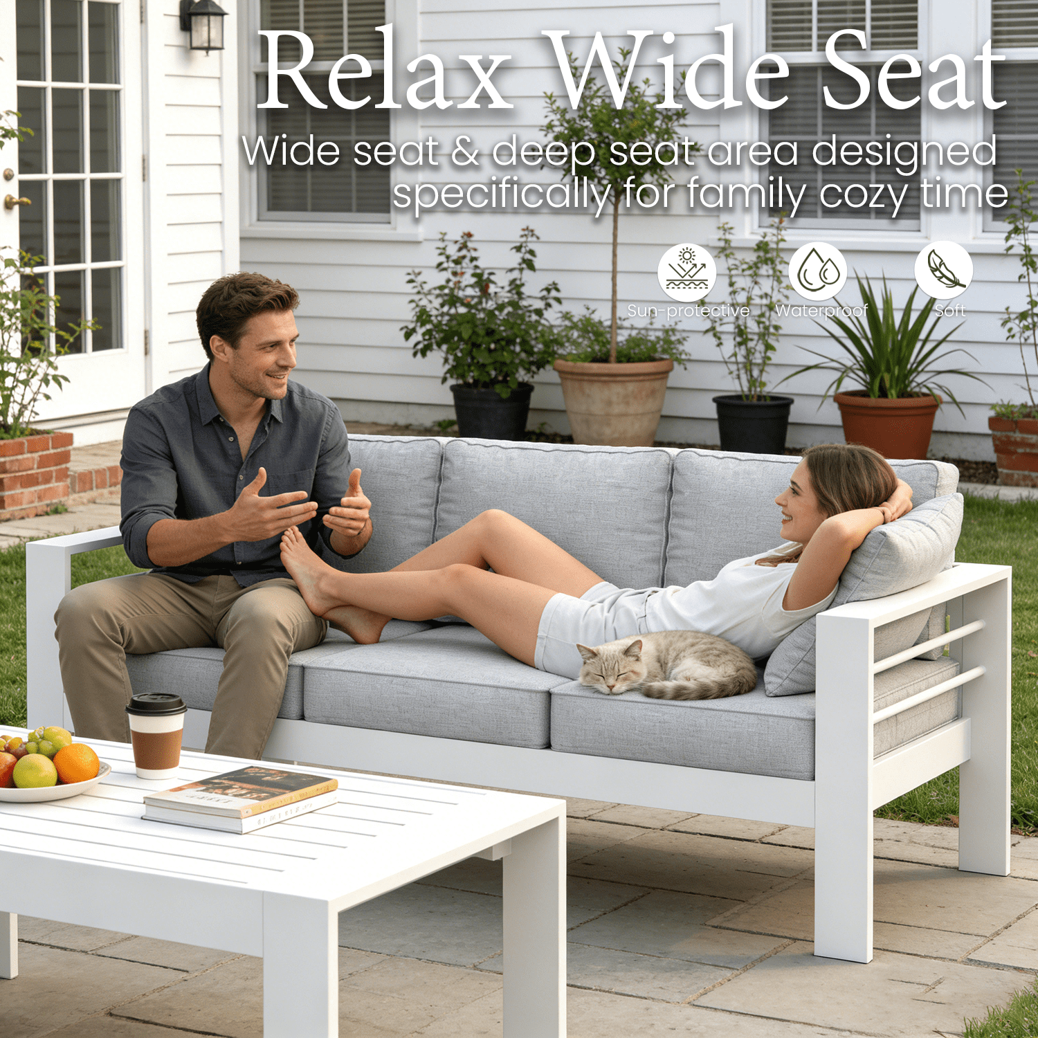 LayinSun Aluminum Furniture Set with Fire Pit Table, 5 Pieces Patio Sectional Conversation Chat Sofa Modern Seating Set