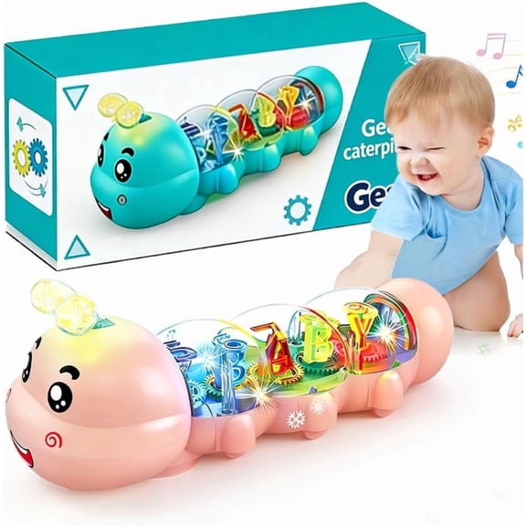 Crawling Toy Sensory Light & Music, Caterpillar Tummy Time Push and Pull Toy, Musical Animal Toy for Boys and Girls, Birthday Gift Blue
