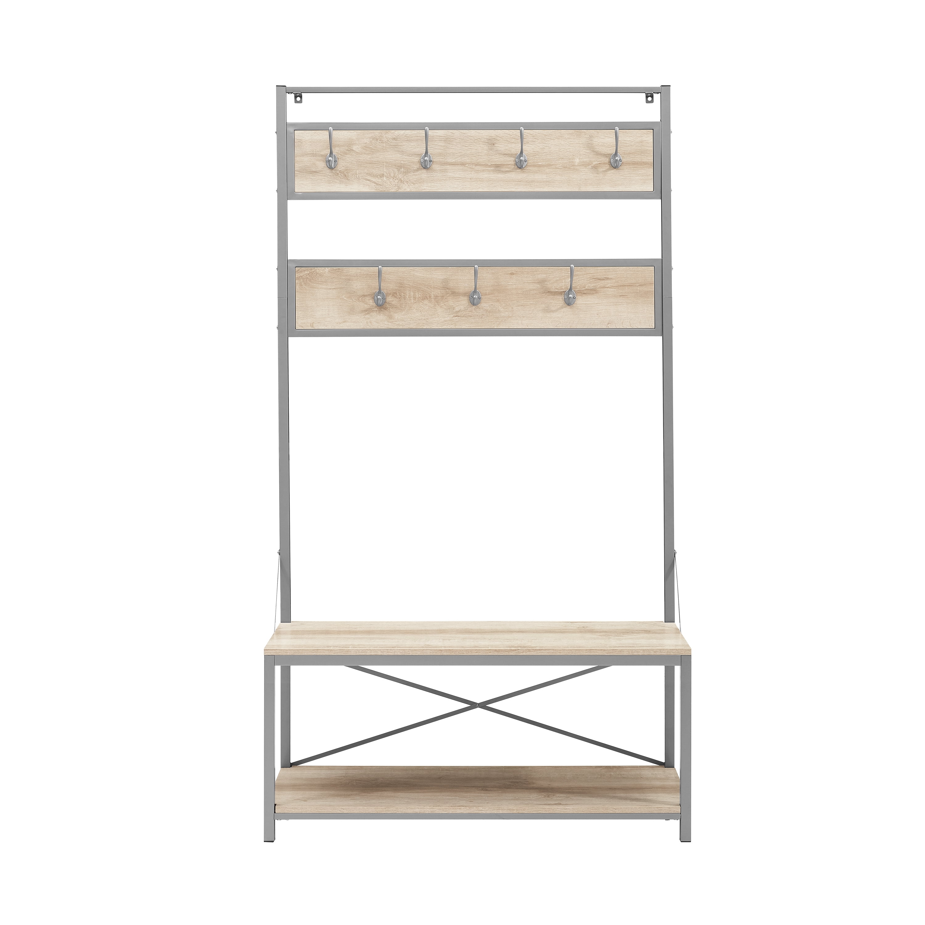 Woven Paths Industrial Hall Tree with Bench and Coat Hooks, White Oak