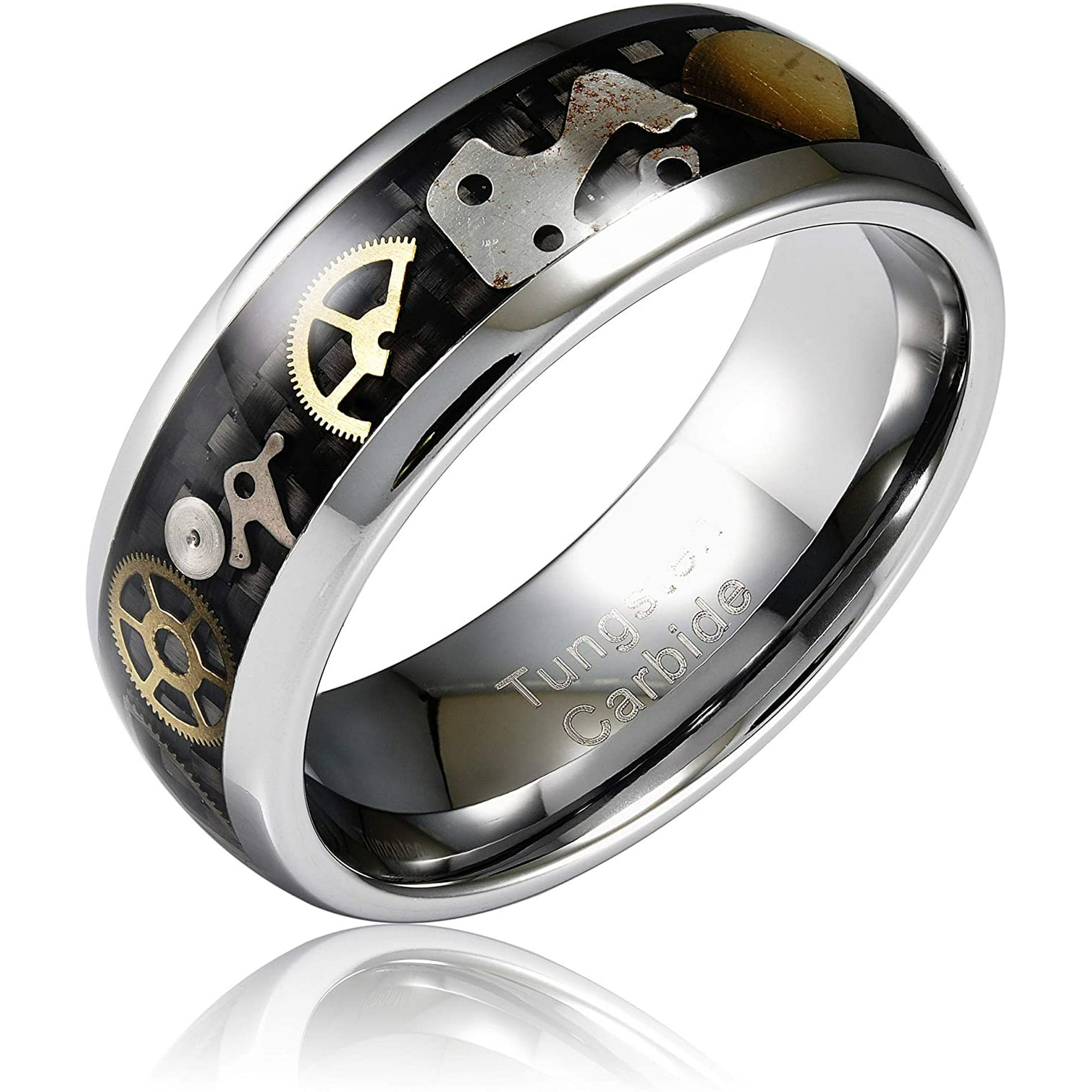 Tungsten Rings for Men Black Gold Silver Promise Bands w Steampunk Real Gear Carbon Fiber Inlaid. Scratch Dent Resistant Wedding Engagement Ring for Couples Sizes 6 16 Customized Engraving. Walmart.c...