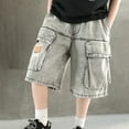 thumbnail image 5 of LIIPEE Girl Boy Cargo Jean Shorts Elastic Waist Wide Leg Denim Shorts With Pockets Kids Versatile Weekend Shorts,Grey,13-14 Years, 5 of 9