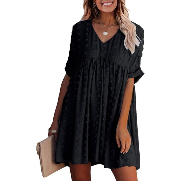 Vestido corto holgado de verano con mangas cortas y escote en V sexy para mujer, vestido informal con lunares suizos, vestido de talla grande