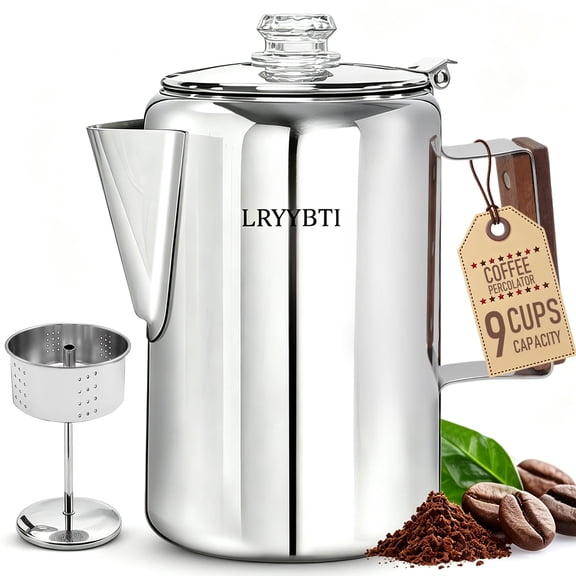 Percolator Pot Stainless Steel Camping Coffee Pot-NO Aluminum or Plastic Camping Coffee Pot Stovetop (9 cup)