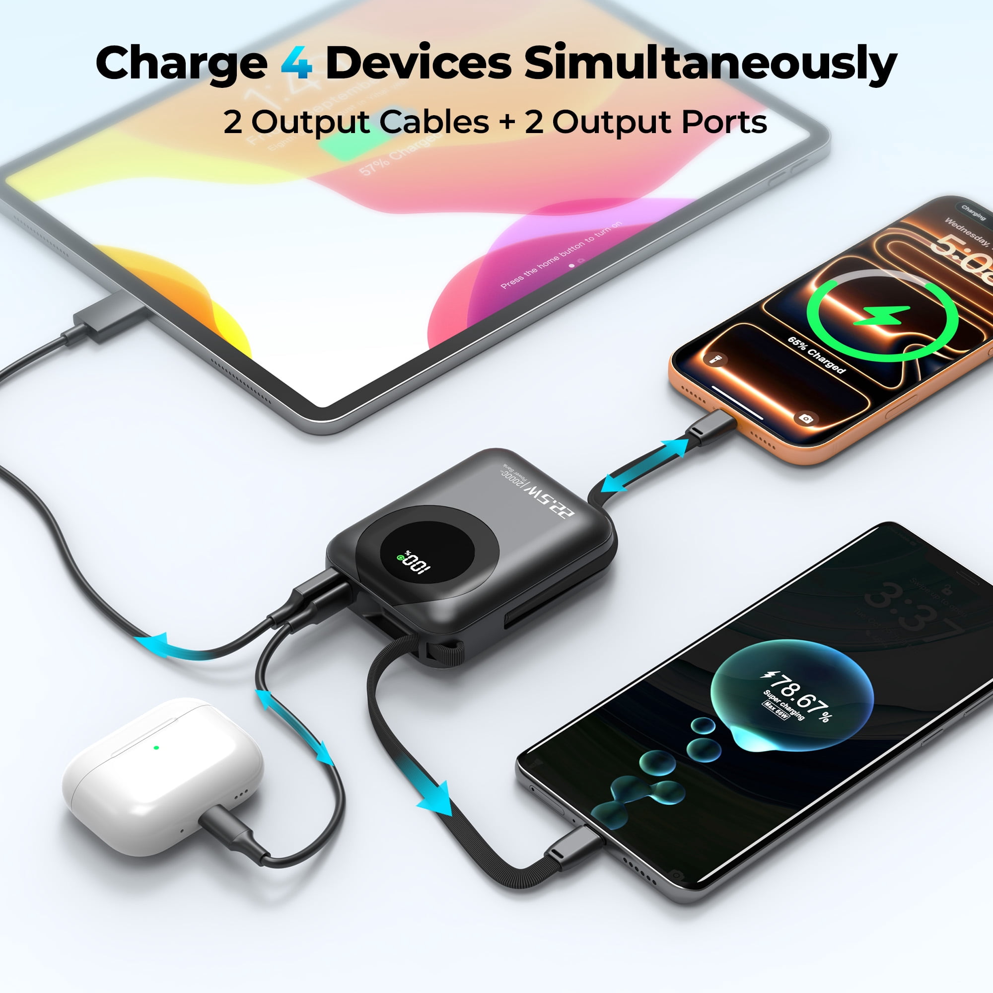 20000mAh Ultra Mini Portable Charger Power Bank,22.5W Fast Charging Phone Charger with Built-in Lanyard-style Charging Cables,Travel Charger Battery Pack for iPhone 17/16 Samsung,iPad,Black
