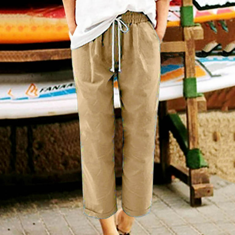 Summer Capri Pants for Women, Women's Cotton Linen Drawstring Cropped Pants  Ankle Soild Color Trousers with Pockets