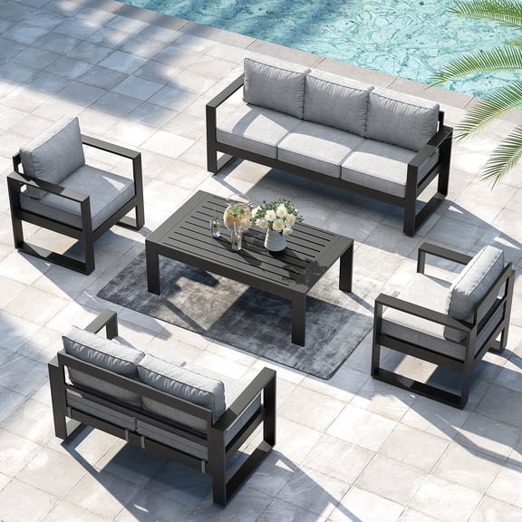 LayinSun 5 Piece Hight Back Aluminum Outdoor Furniture Set with Coffee Table, Modern Patio Conversation Sets