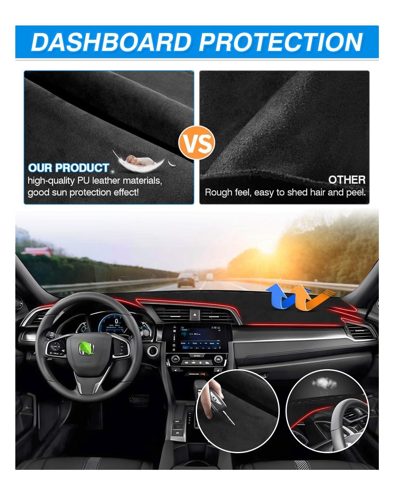 SUGUANGHUI Dash Cover Fits for Civic Coupe Sedan/Hatchback 2016-2021 Dashboard Cover for Civic Accessories Non-Slip Dash Mat Carpet Anti-Glare Sunshade, Car essentials