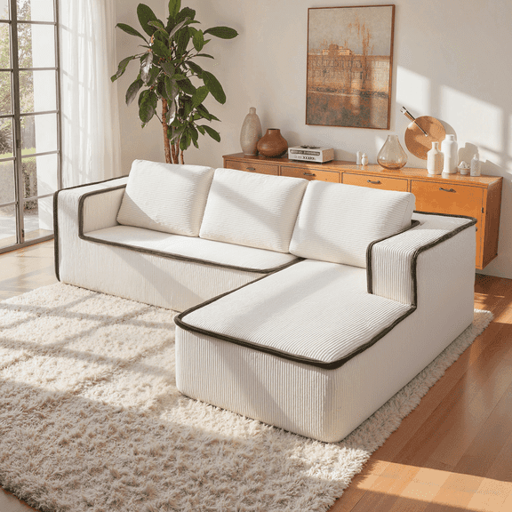 Vorthio 121" Oversized Modular Sectional Sofa, Velvet Cloud Couch with Chaise, L Shaped Boneless Couches for Living Room, No-Assembly (Letf Facing Chaise,White)
