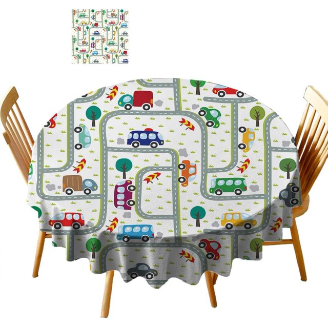 Cars, Nappe Ronde Douce, Diamètre 65 Pouces Dessin Mignon pour Enfants Voitures Conduisant sur les Routes Design Urbain, Nappes Rondes Imperméables pour Salle à Manger
