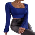 thumbnail image 3 of Women Solid Color Ribbed Square Neck Lettuce Hem Show Navel T-Shirts Spring Autumn Flare Long Sleeve Slim Crop Tops Black M, 3 of 6