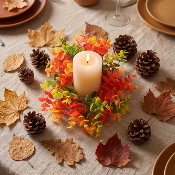 Fall Candle Ring Thanksgiving Counter Centerpiece Artificial Foliage Wreath for Column Candle Stand, Fall Crop Home Ornament Accents for Mantel Shelf Dining Room Display